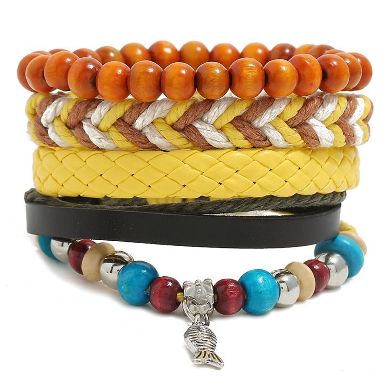 Pulsera Multicapa De Cuero Tejido De Cuatro Piezas Nhpk143259