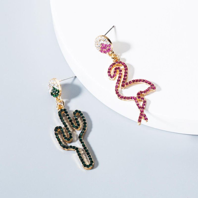 Kreative Ohrringe Frauen Europäischen Und Amerikanischen Stil Asymmetrische Farbe Diamant Kaktus Flamingo Ohrringe Legierung Farbe Mode Ohrringe