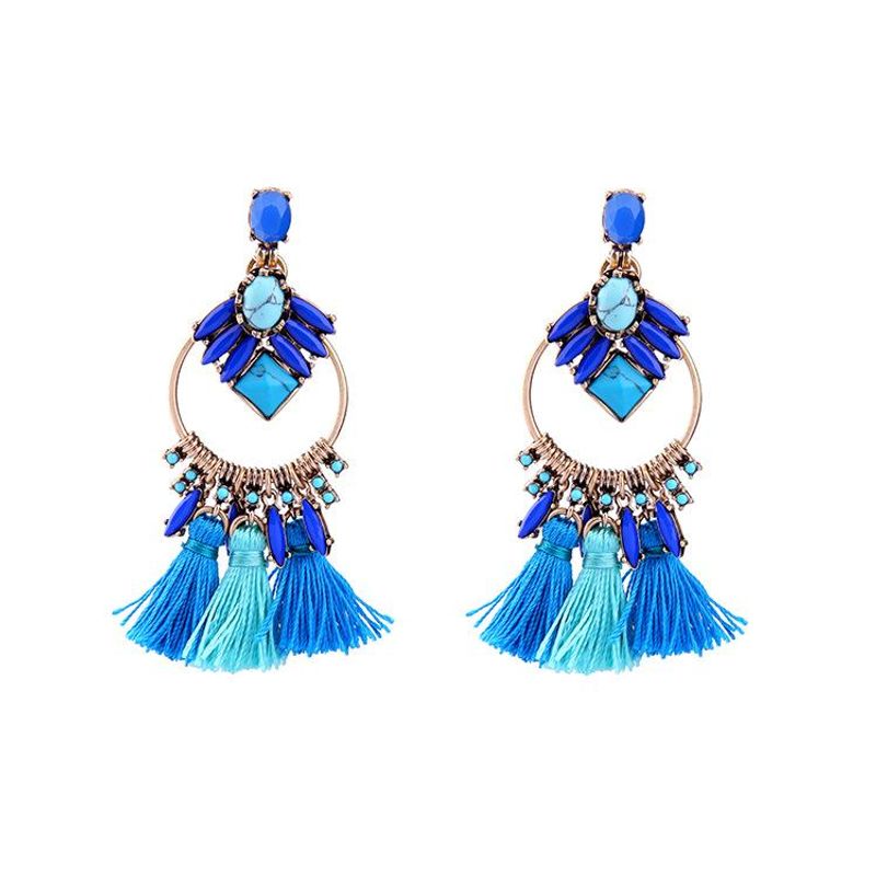 Qingdao Schmuck Europäischer Und Amerikanischer Retro-stil Accessoires Persönlichkeit Quaste Königsblau Edelstein Damen Kreis Ohrringe Großhandel