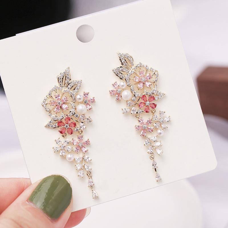 New Copper Inlaid Zircon Wings Flowers Daisies Earrings Nhdo144722