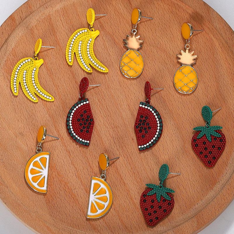 Womens Fruit Pineapple Watermelon Strawberry Banana Cherry Electroplating Alloy Earrings Nhjq139272