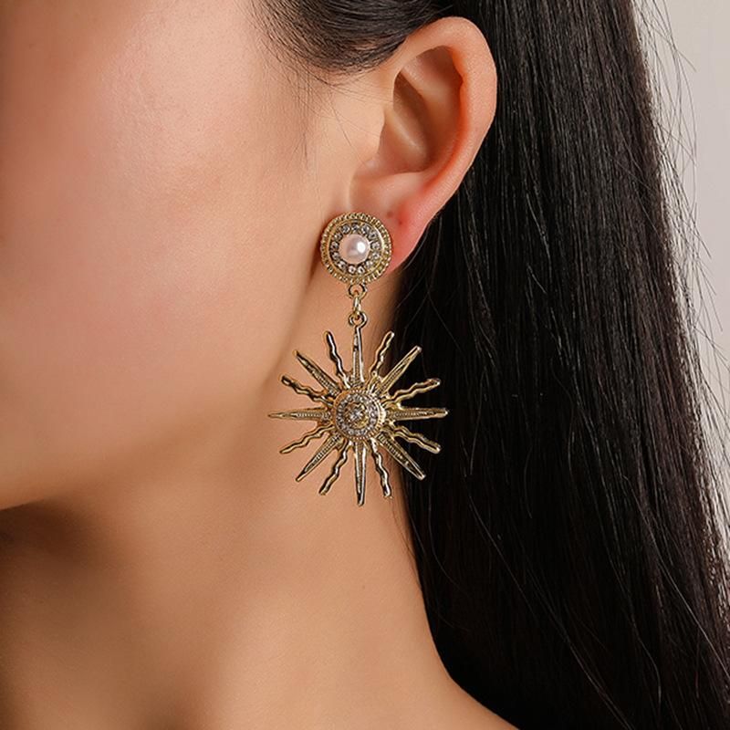 Fashion Vintage Alloy Rhinestone Sun Flower Earrings Nhdp145269