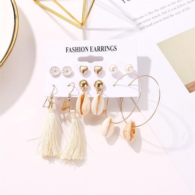 Europäischer Und Amerikanischer Heißer Verkauf 6-teiliges Set Ohrringe Natürliche Muschel Quaste Ohrringe Weibliche Perle Gänseblümchen Liebe Ohrringe Ohrringe