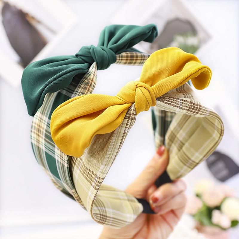 Korea Small Fresh Fabric Plaid Wide-brimmed Bow Headband Nhou146097