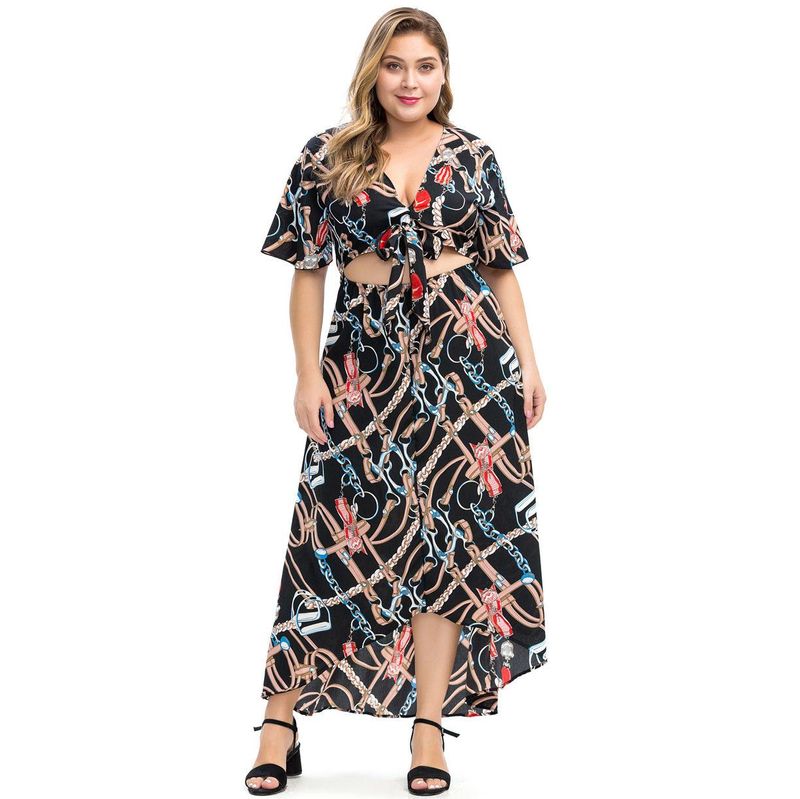 Fashion Print V-neck Lace Dress Nhlr147644