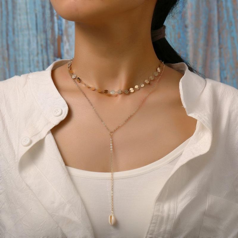 050077 Han Zhi Shang Europäische Und Amerikanische Halskette Kreative Retro Einfache Y-förmige Doppels Chicht Muschel Anhänger Halskette