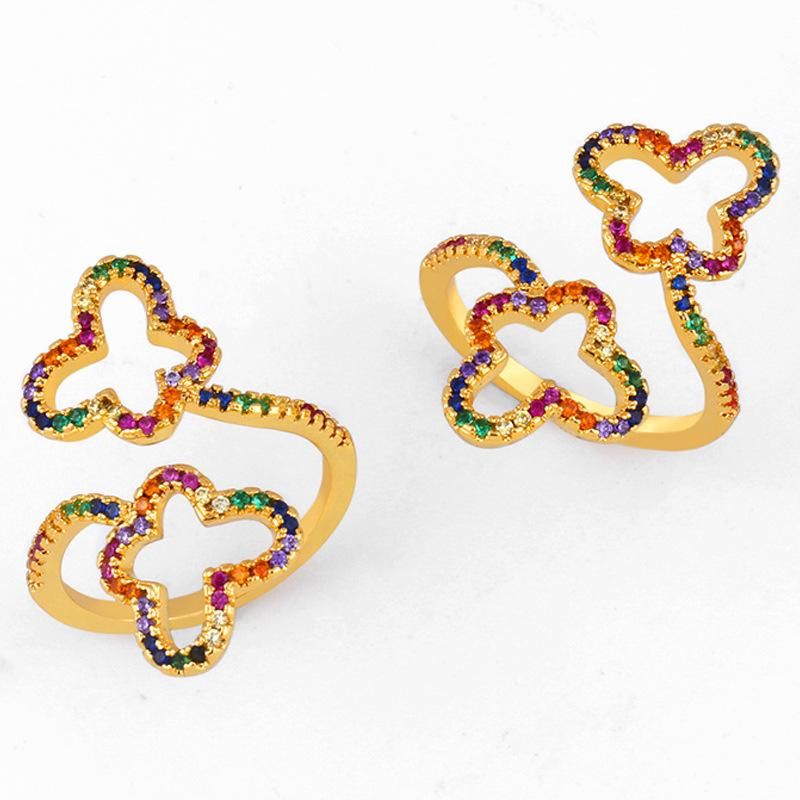 Fashion Copper Inlaid Zircon Color Openwork Butterfly Opening Ring Nhas148109