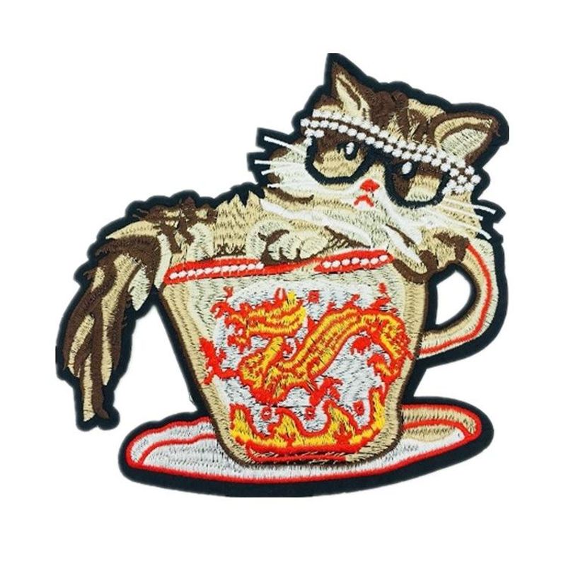 Tee Tasse Katze Spot Tier Computer Stickerei Etikett Stoff Aufkleber Niedliche Katze Patch Aufkleber Diy Kleidung Patch Aufkleber