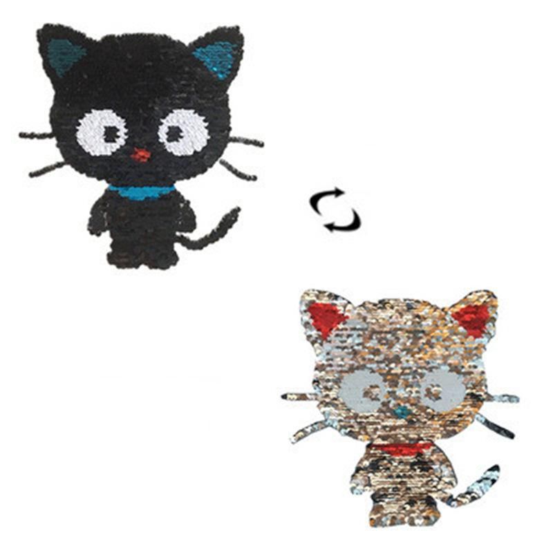 Longs Heng Niedliche Cartoon Doppelseitige Schwarze Katze Flip Pailletten Stickerei Stoff Aufkleber Pailletten Patch Kleidung Diy Zubehör