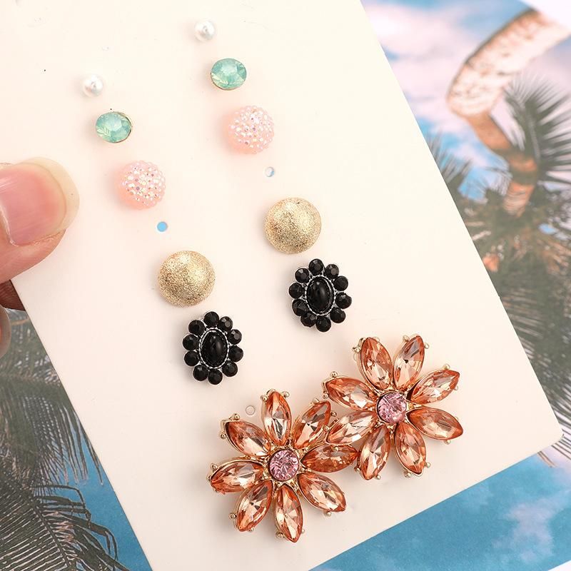 Fashion Rhinestone Flower Ball 6 Pairs Alloy Stud Earrings Set Nhgy140037