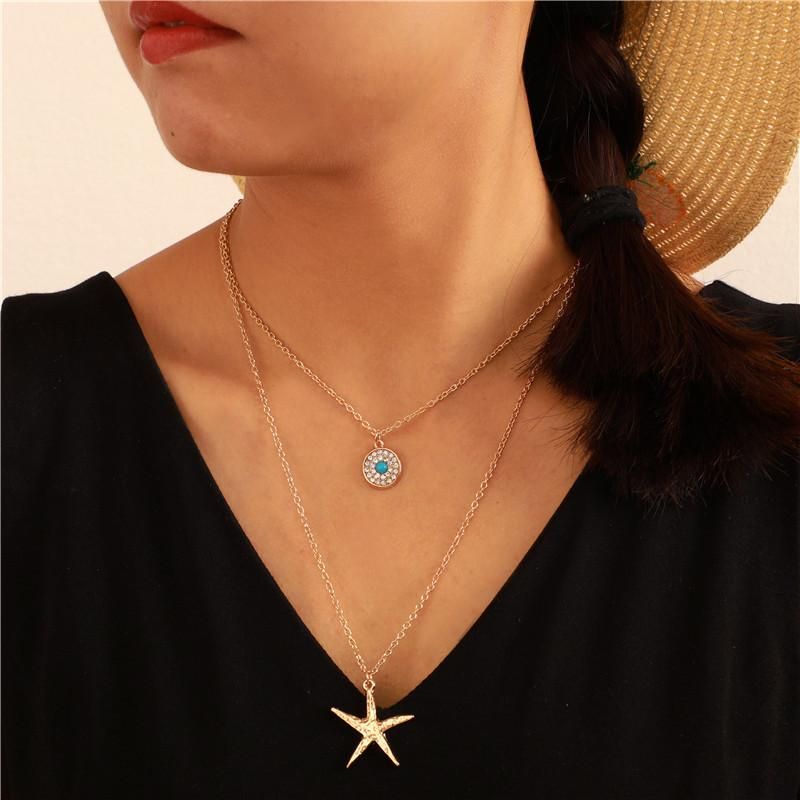 Europe Et En Amérique Croix Frontière Nouveaux Accessoires Bohème Alliage Géométrique Diamant Rond Turquoise Starfish Suspendus Multi-couche Collier