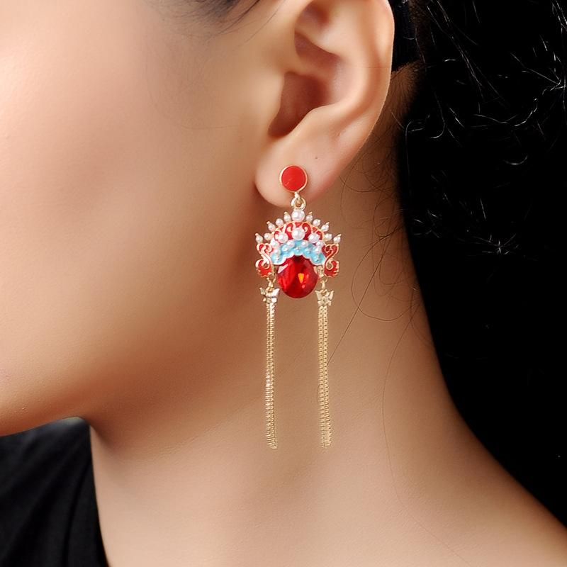 S925 Silbern Adel Ohrringe Frauen Netz Rote Perle Nationale Stil Ohrringe Temperament Schwert Pferd Dan Peking Oper Gesichts Maske Ohrringe E982192d