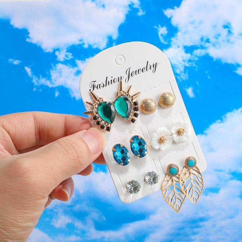 Fashion Alloy Rhinestones Flower Leaves Water Drops 6 Pairs Set Stud Earrings Nhgy141140