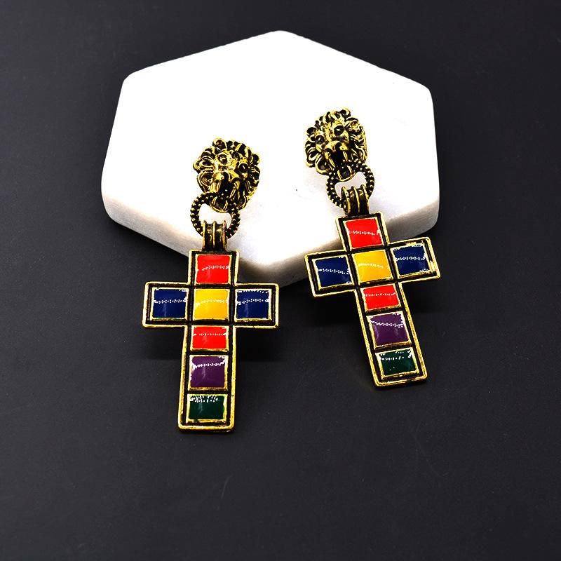 Fashion Vintage Color Long Section Cross Metal Earrings Nhnt151198