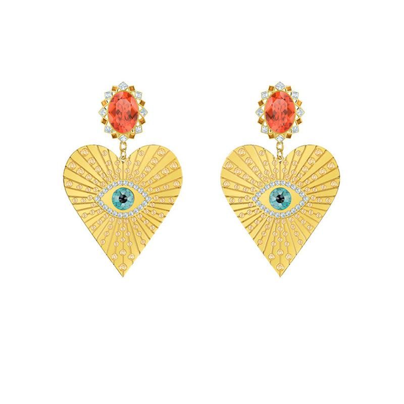 Vintage Flash Diamond Emerald Eye Peach Heart Earrings Nhnt151295