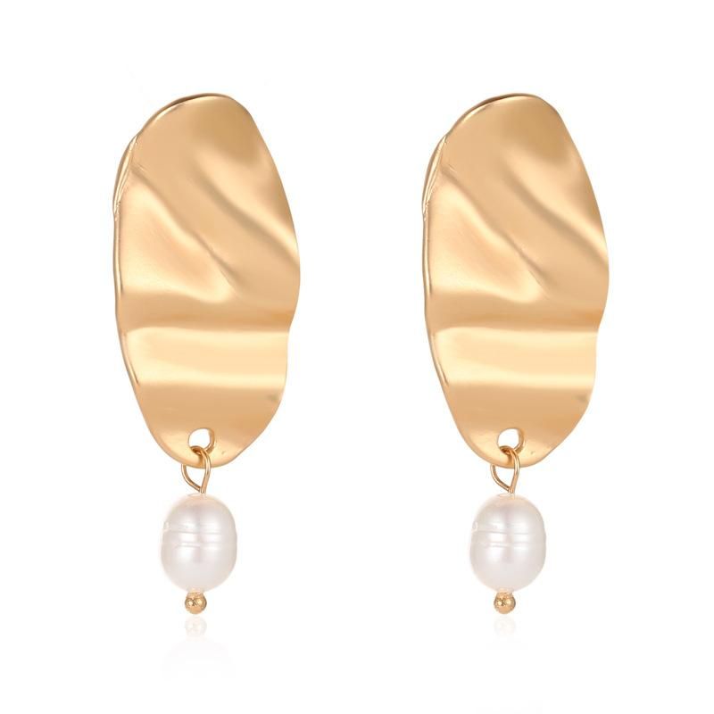 Elliptical Pleated Alloy Pearl Earrings Nhdp151419
