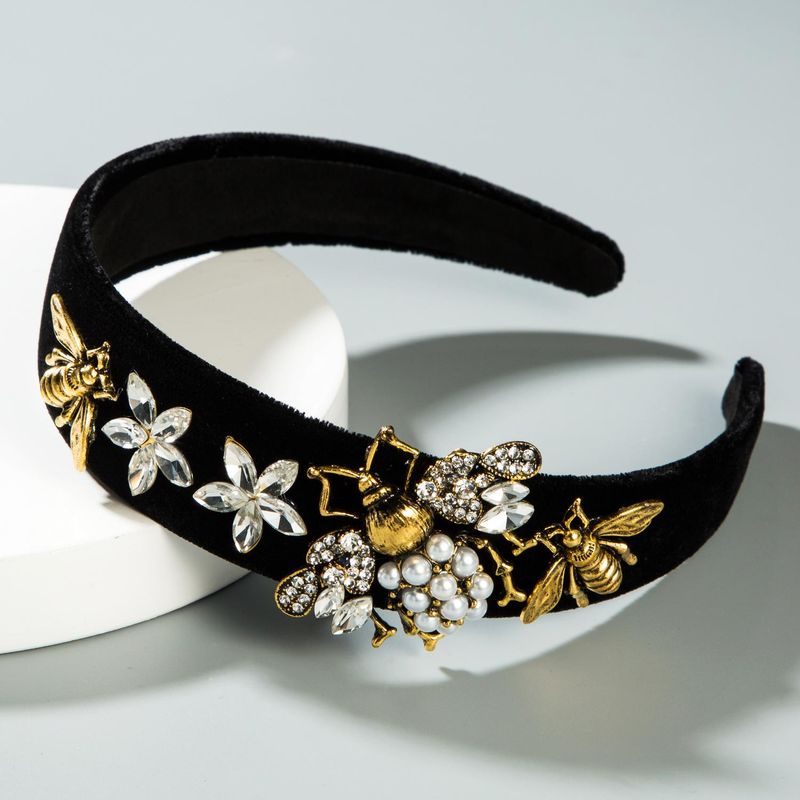 Fashion Bee Gold Velvet Pearl Headband Nhln151479