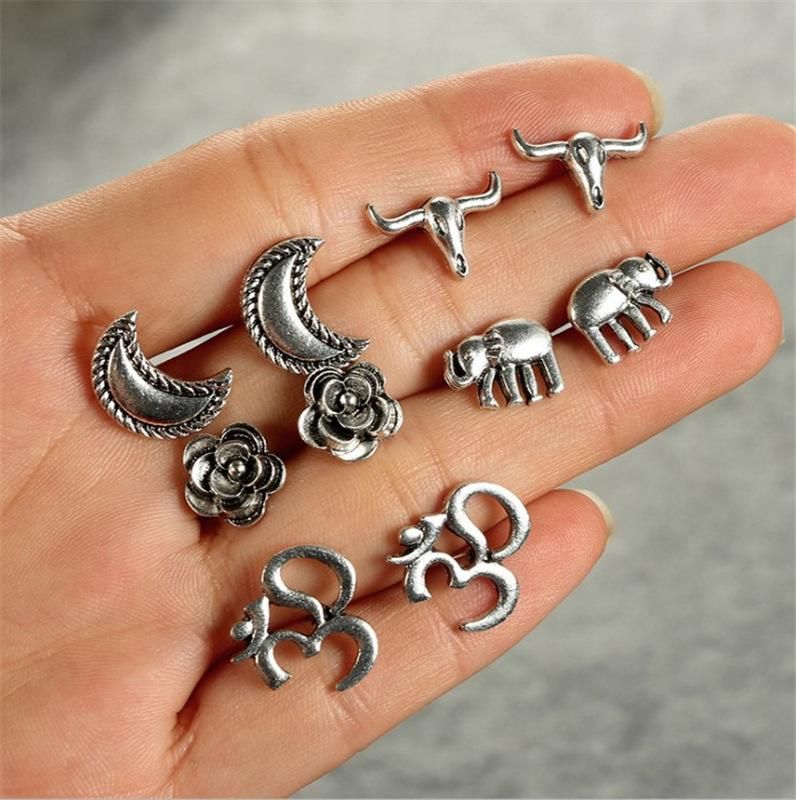 Ancient Silver Fashion Moon Cow Head Flower Elephant Stud Earrings Set Nhpf151991