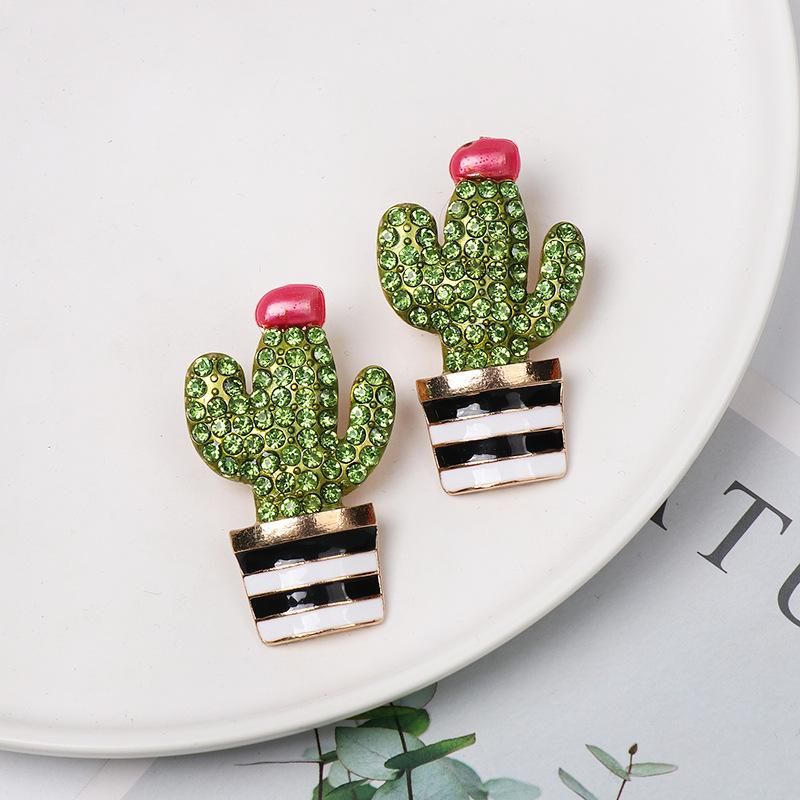 52607 Europäische Und Amerikanische Mode Handgemalte Farbig Glasierte Kaktus-diamant Ohrringe Niedliche Legierung Tropf Öl Blumen Ohrringe Schmuck
