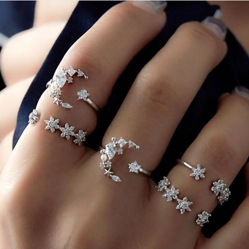 Europäischer Und Amerikanischer Grenz Überschreiten Der Fünfteiliger Diamant-ring-anzug Frauen Retro Star Moon Kristall Gelenk Ring