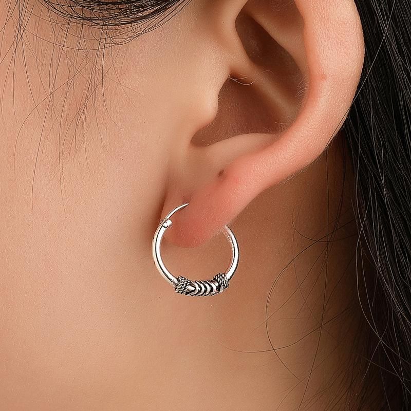 Ancient Silver Vintage Beaded Hoop Earrings Nhdp153028