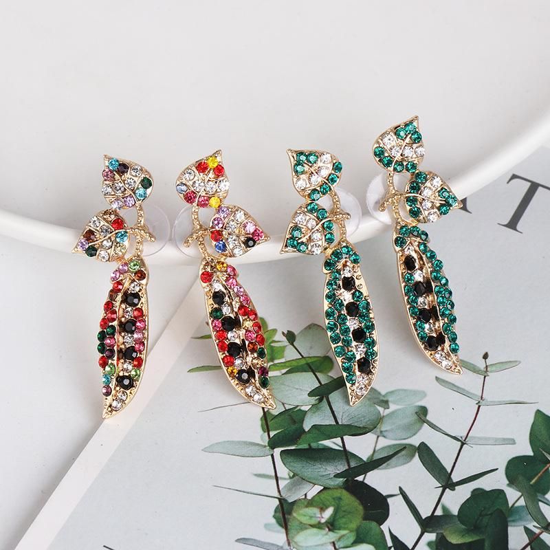 New Colored Rhinestone Leaf Earrings Nhjj153573