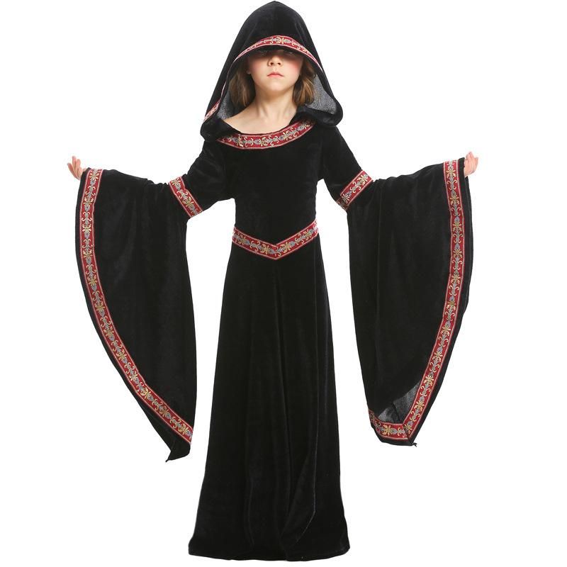 Probieren Sie Europa 15 Mittelalter Liche Kostüme Halloween Mädchen Kostüme Schwarze Taille Muster Kinder Kleidung Drama Bühnen Kleidung