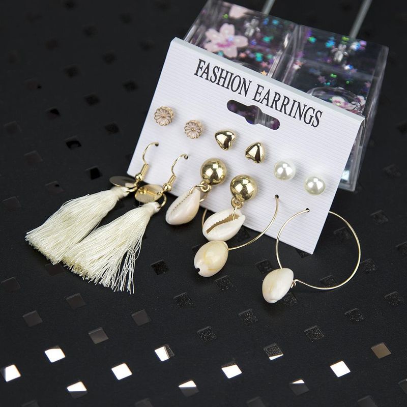 Aleación De Moda Daisy Pearl Natural Shell Tassel Earring Set Nhbq154253