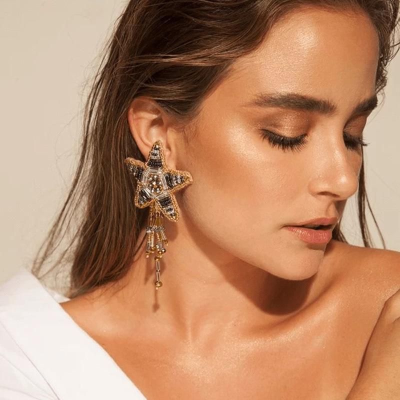 Explosive Reis Perlen Perlen Fünfzackige Stern Quasten Ohrringe Einzigartige Ohrringe Mode Kreative Ohrringe Zubehör Großhandel
