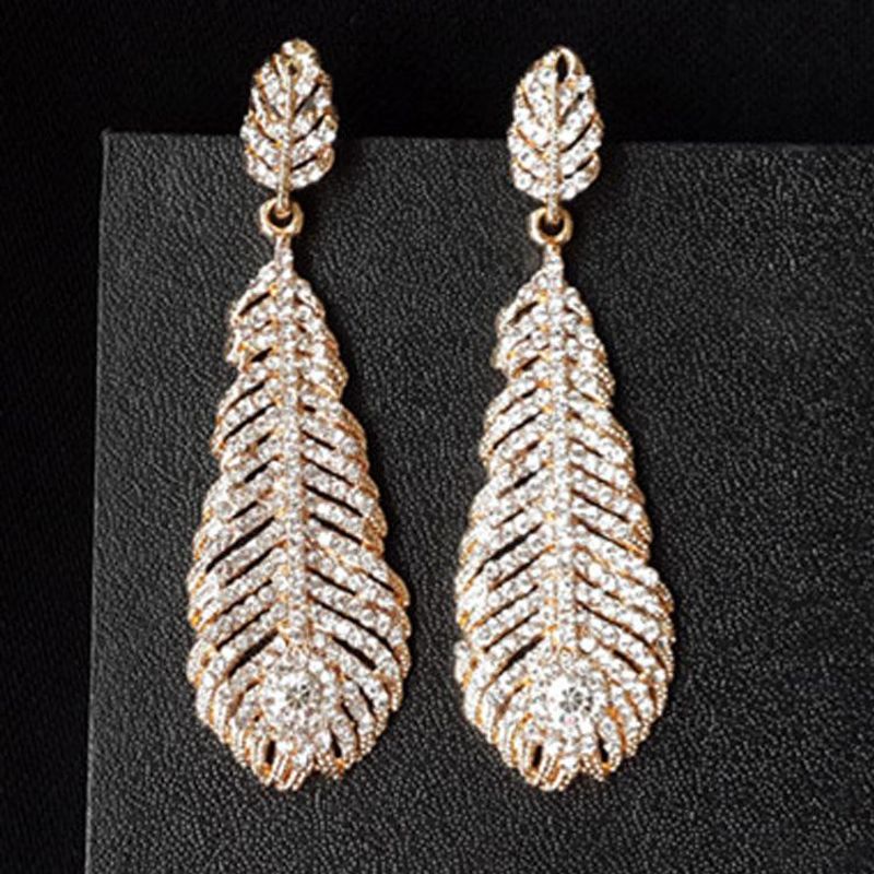 Exaggerated Diamond Crystal Feather Leaf Flash Diamond Women&#39;s Earrings Nhnt154512