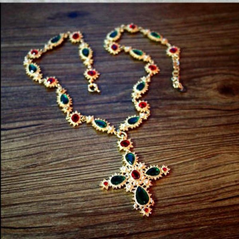 Vintage Style Cross Colored Gemstone Sweater Chain Necklace Nhnt154532