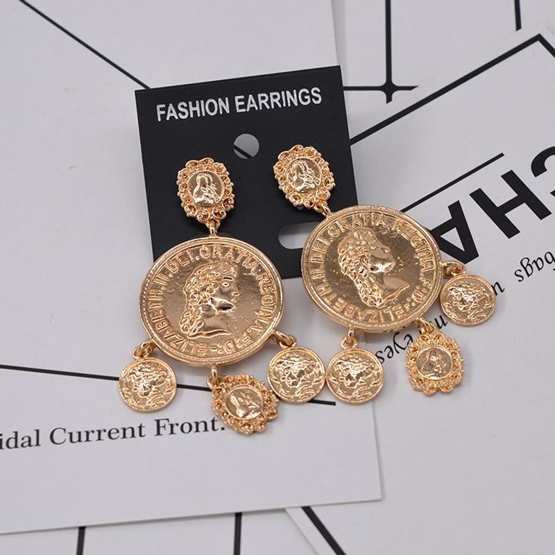2021 Retro Laufsteg Stil Barock Schönheit Kopf Königin Ohrringe Übertriebene Metall Münzen Ohrringe Ohrringe Großhandel