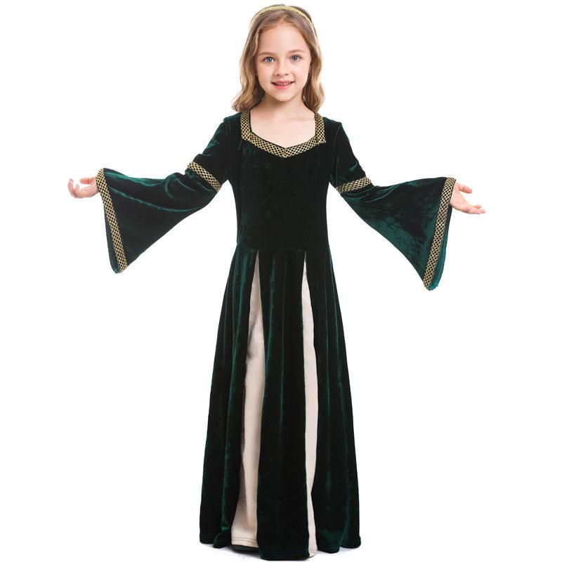 Renaissance Retro Mittelalter Liches Mädchen Kostüm Musical Bühnen Kostüm Dunkelgrünes Ausgestellte Ärmel Langes Kleid