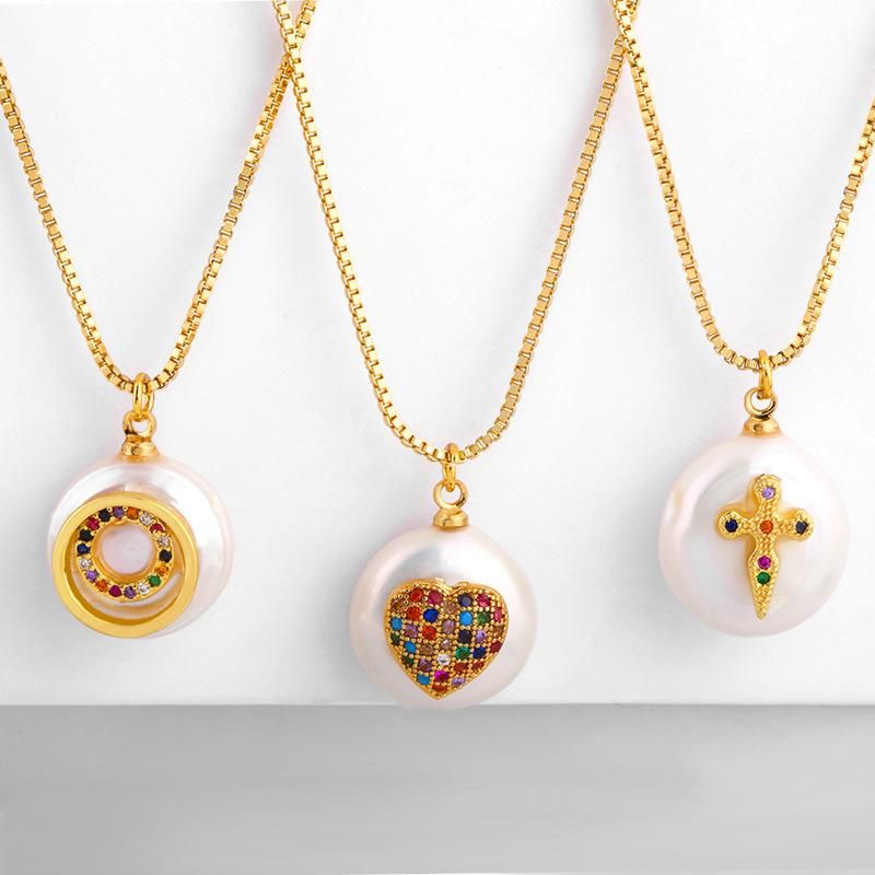 Fashion Copper Inlaid Zircon Cross Love Pearl Necklace Nhas155384