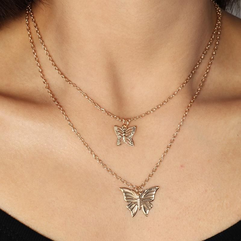 Exquisite Double Gold And Silver Butterfly Necklace Nhnz155498