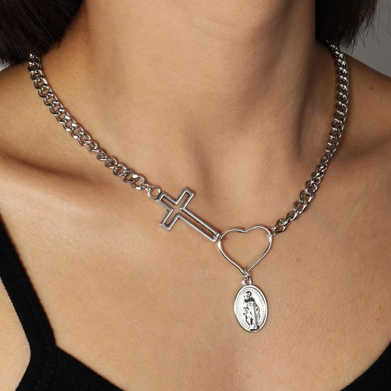 Nz1397 Grenz Überschreitende Europäische Und Amerikanische Beliebte Halsketten Kreative Mode Kreuz Liebe Halskette Retro Legierung Porträt Anhänger