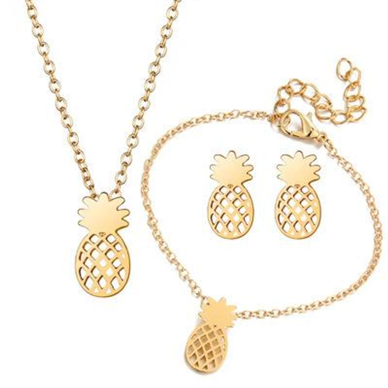 Fashion Alloy Fruit Openwork Pineapple Necklace Stud Earrings 3 Pics Set Nhcu149806