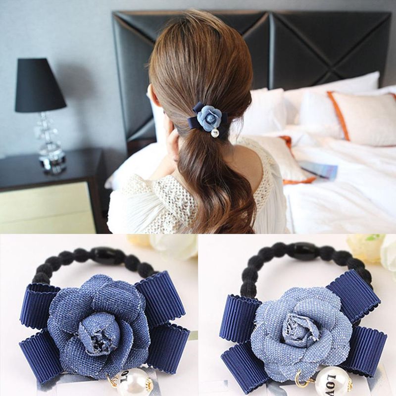 Style Coréen Accessoires De Cheveux Frais Dame Imitation Denim Tissu Perle Arc Fleur Bandeau Cheveux Corde Coiffe Coréenne