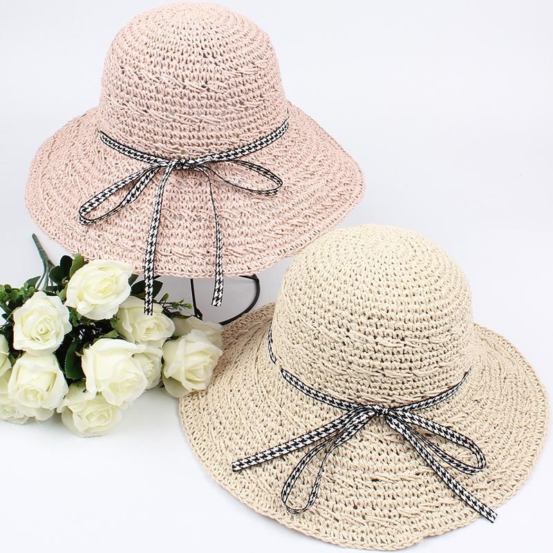 Hat Ladies Handmade Sun Hat Houndstooth Bow Ribbon Big Eaves Beach Sun Hat