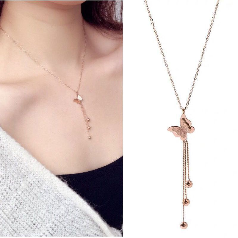 Exquisite Korean Fashion Titanium Steel Temperament Necklace Simple Butterfly Tassel Necklace