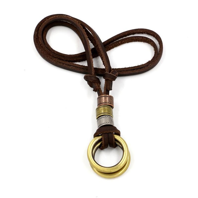 Europäische Und Amerikanische Bronze Legierung Doppel Ring Rindsleder Seil Halskette Verstellbare Lässige Koreanische Mode Leder Seil Pullover Kette Ornamente