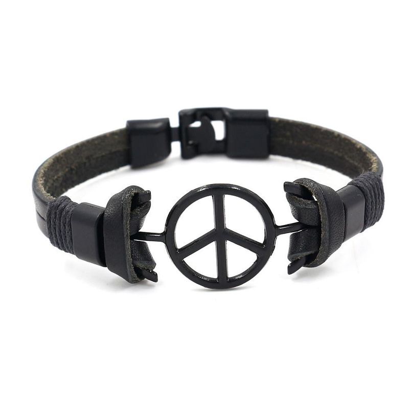 Vintage Black Peace Sign Leather Bracelet For Men