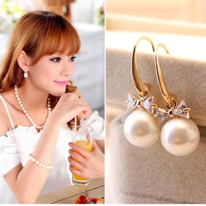 Fashion Ear Jewelry Flash Diamond Bow Earrings Large Pearl Zircon Earrings Women's Earrings