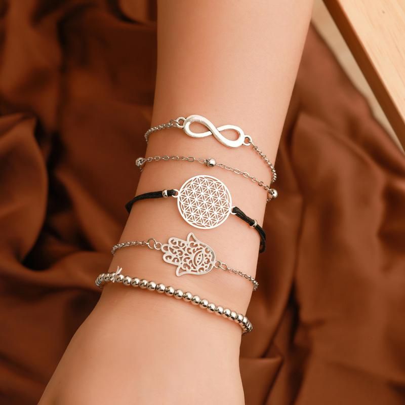 Best Selling Five-piece Bracelet Simple Beaded 8-character Bracelet Retro Hollow Carved Geometric Palm Bracelet Women