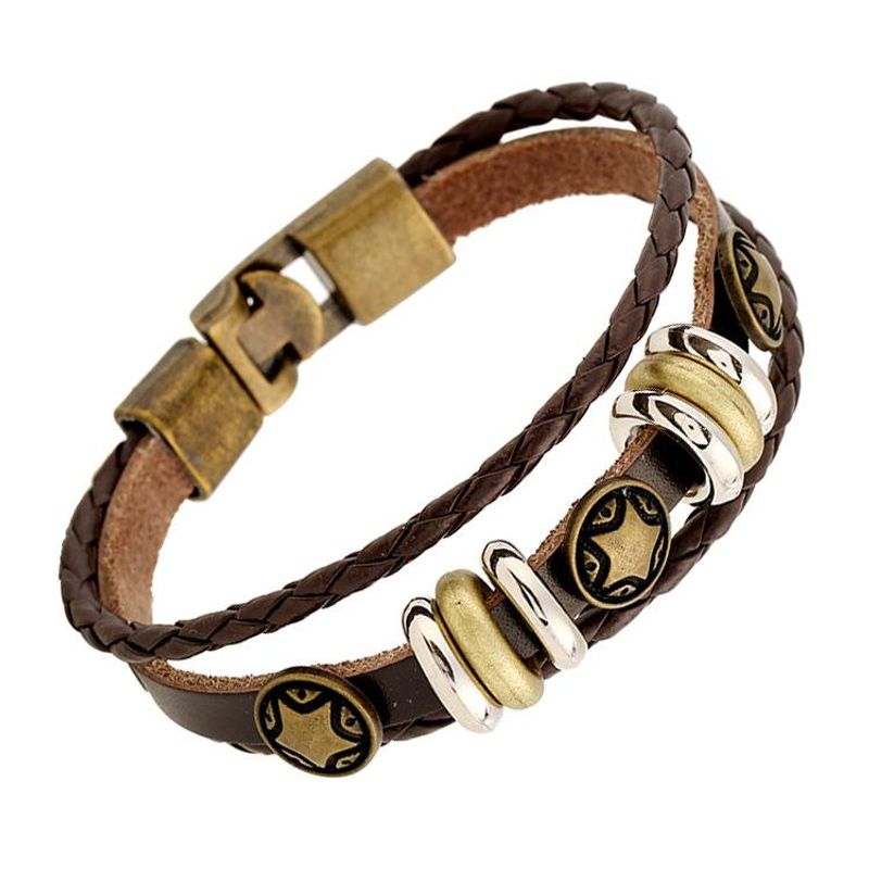 New Style Buckle Leather Jewelry Retro Alloy Pentagram Woven Leather Bracelet