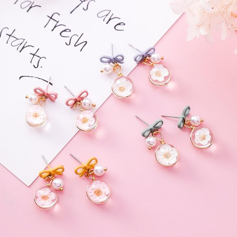 Koreanisches Mädchen Herz Bogen Perlen Blumen Ohrringe Süße Glasur Kirschblüten Glühbirnen Ohrringe Frische Und Vielseitige Ohrringe