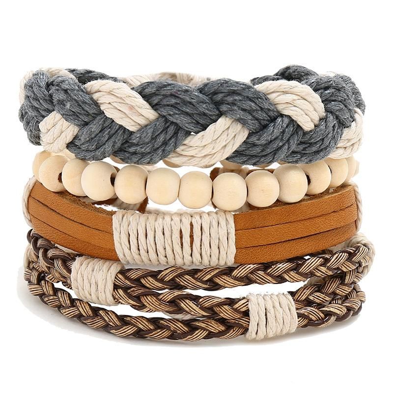 Wooden Beads Combination Cowhide Suit Men's Bracelet