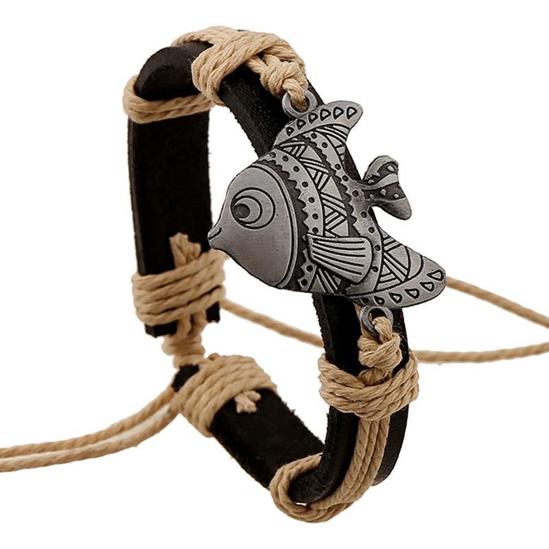 Jewelry Wholesale Alloy Fish Rack Hot Selling Leather Bracelet Woven Vintage Leather Bracelet