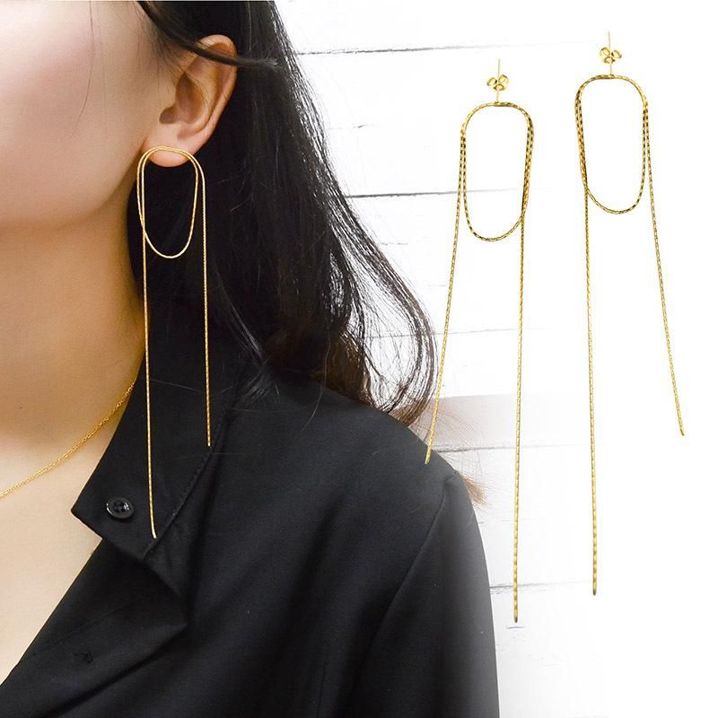 2021 Neues Japanisches Und Koreanisches Einfaches Temperament Nischen Design Blinkt Vertikale Ketten Ohr Linie Titan Stahl 18k Gold Ohrringe F238