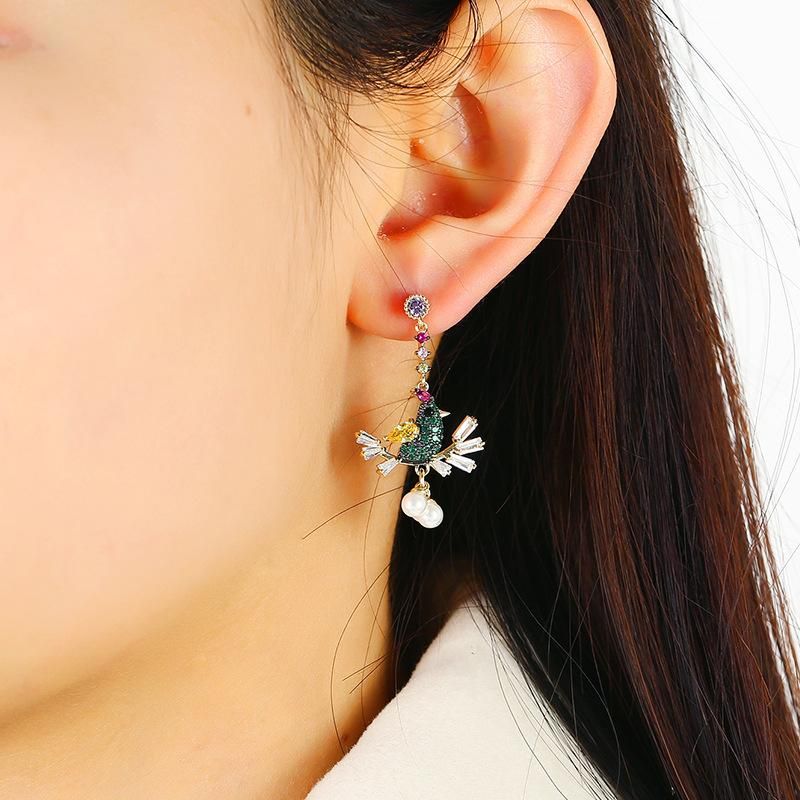 Simple Creative Long Earrings Retro Tree Branch Bird Pearl Pendant Earrings Women